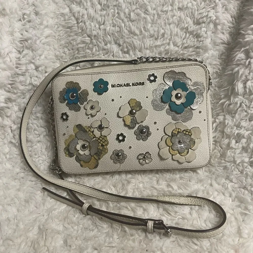 Michael Kors leather off White Floral  appliqué Crossbody Bag.